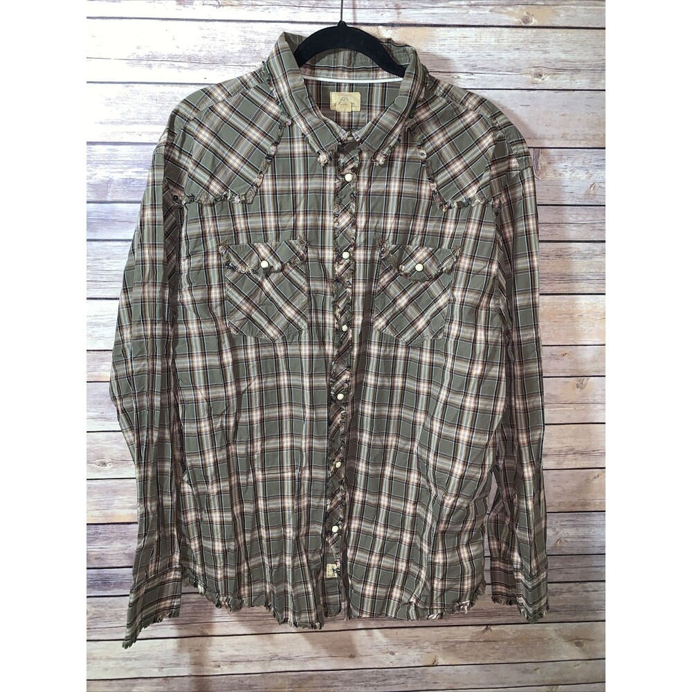 TREVERO Men's pearl Snap Shirt 2XL XXL Plaid Western Distressed Olive Green